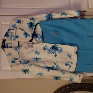 White and Blue Floral Blazer.  Blue Skirt
